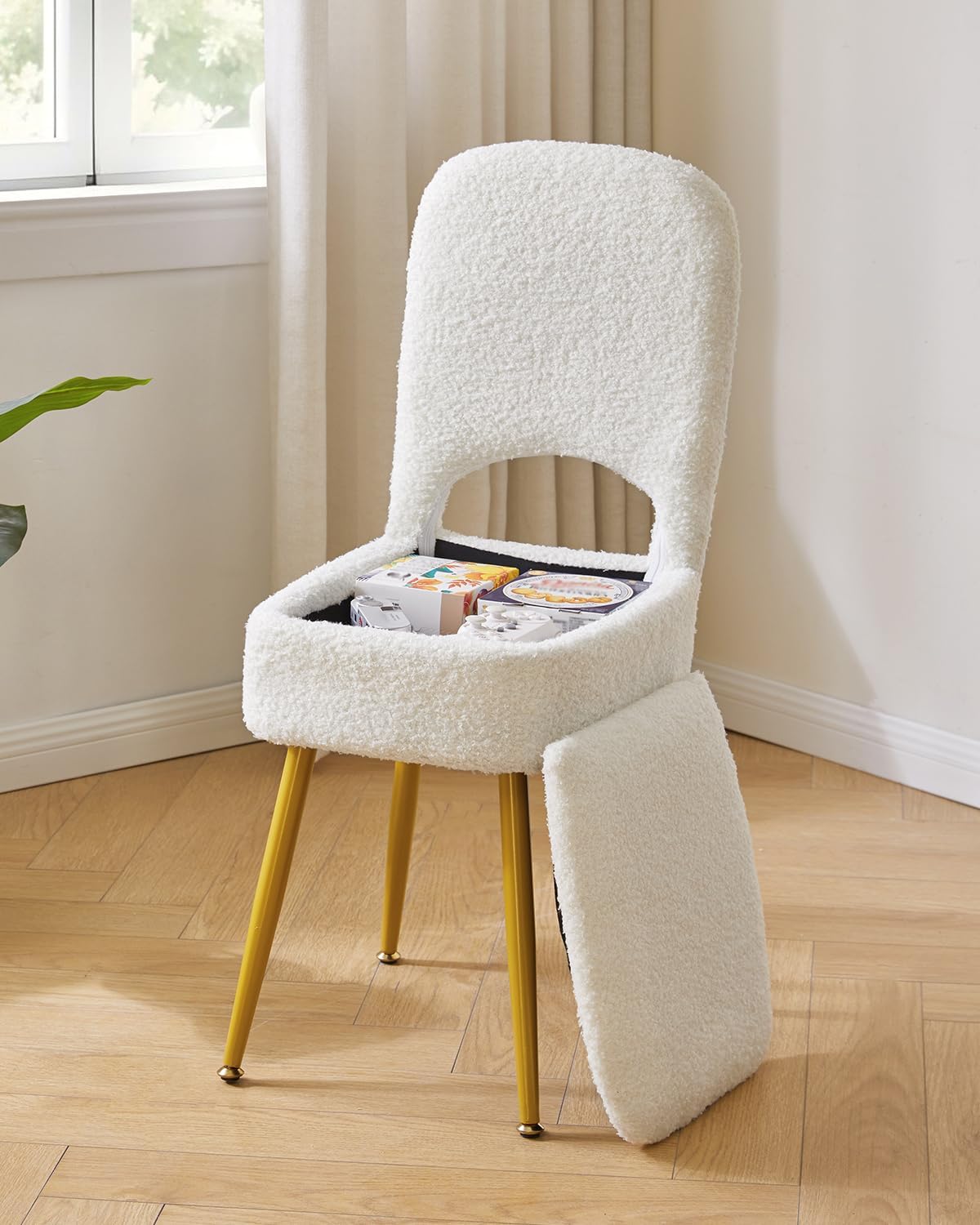 Small Storage Vanity Stool with Folding Backrest, 12.99" x 13.78" x 31.5" Square Teddy Velvet Ottoman, Makeup Chair for Living Room, 4 Metal Legs with Anti-Slip Feet, White WBD027W