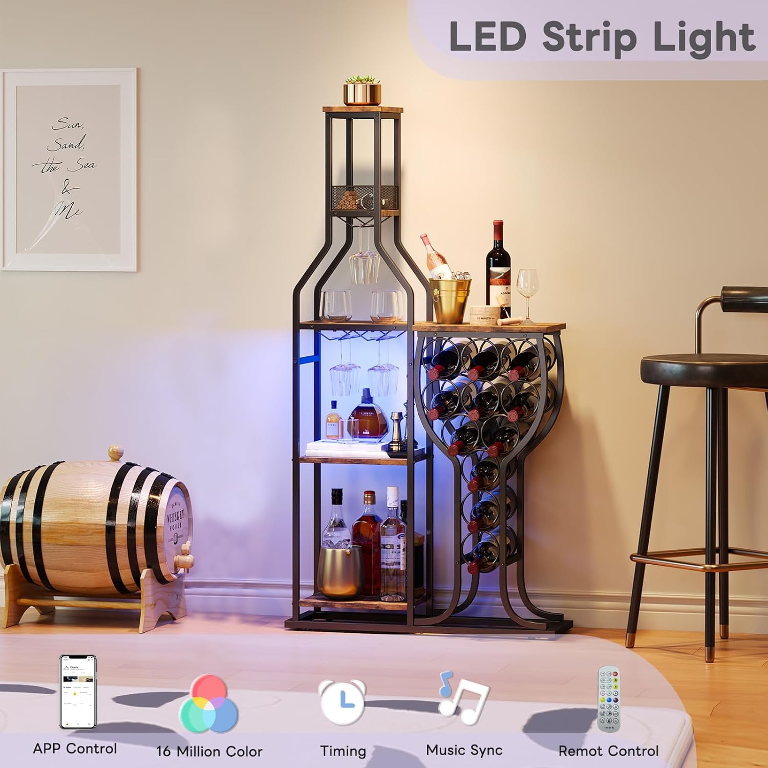 HavenlyYouth Liquor Cabinet for Home Bar, 5-Tier Wine Rack Freestanding Floor with Wine Glass Holder, Mini Bar Stand with 11 Wine Bottles, Bar Table with Storage for Living Room, Kitchen