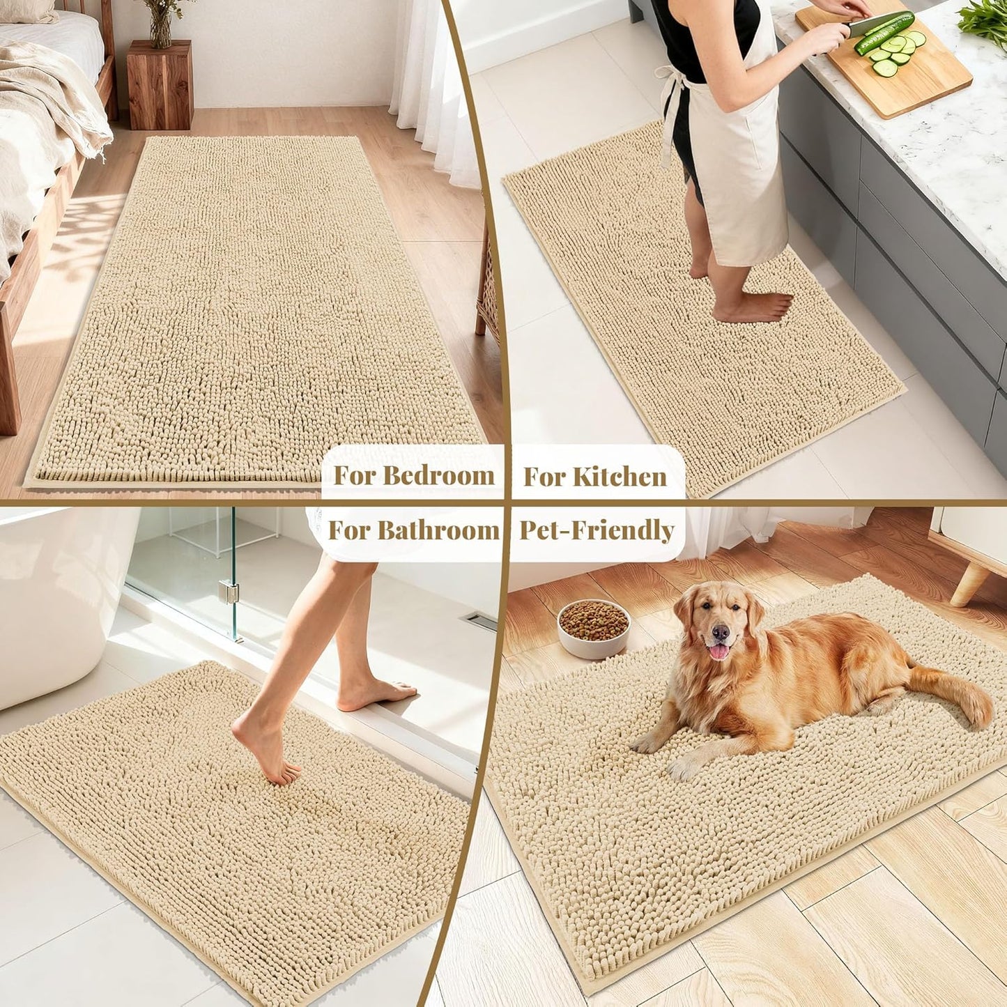 Bathroom Rugs Mat 60 x 36, Thick Soft Absorbent Chenille Bath Rugs, Rubber Backing Bath Mats for Bathroom Floor, Tub, Shower, Bedroom, Home Decor Accessories, Quick Dry Machine Washable, Beige