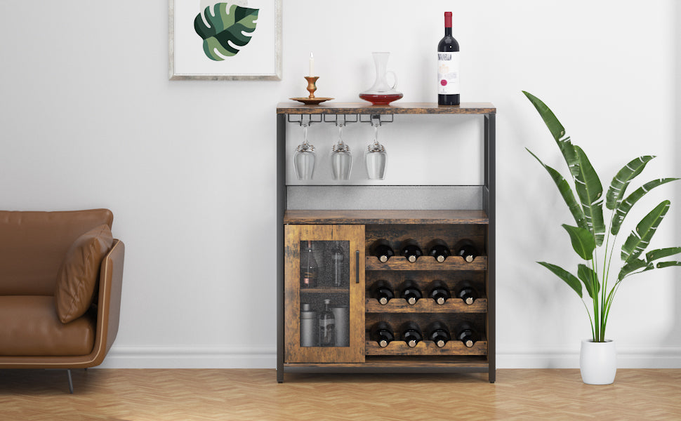 3-Tier Wine Bar Cabinet with Detachable Wine Rack and Storage Space, Buffet Cabinet with Glass Holder and Mesh Door, for Kitchen, Living Room and Bar .Rustic Brown.
