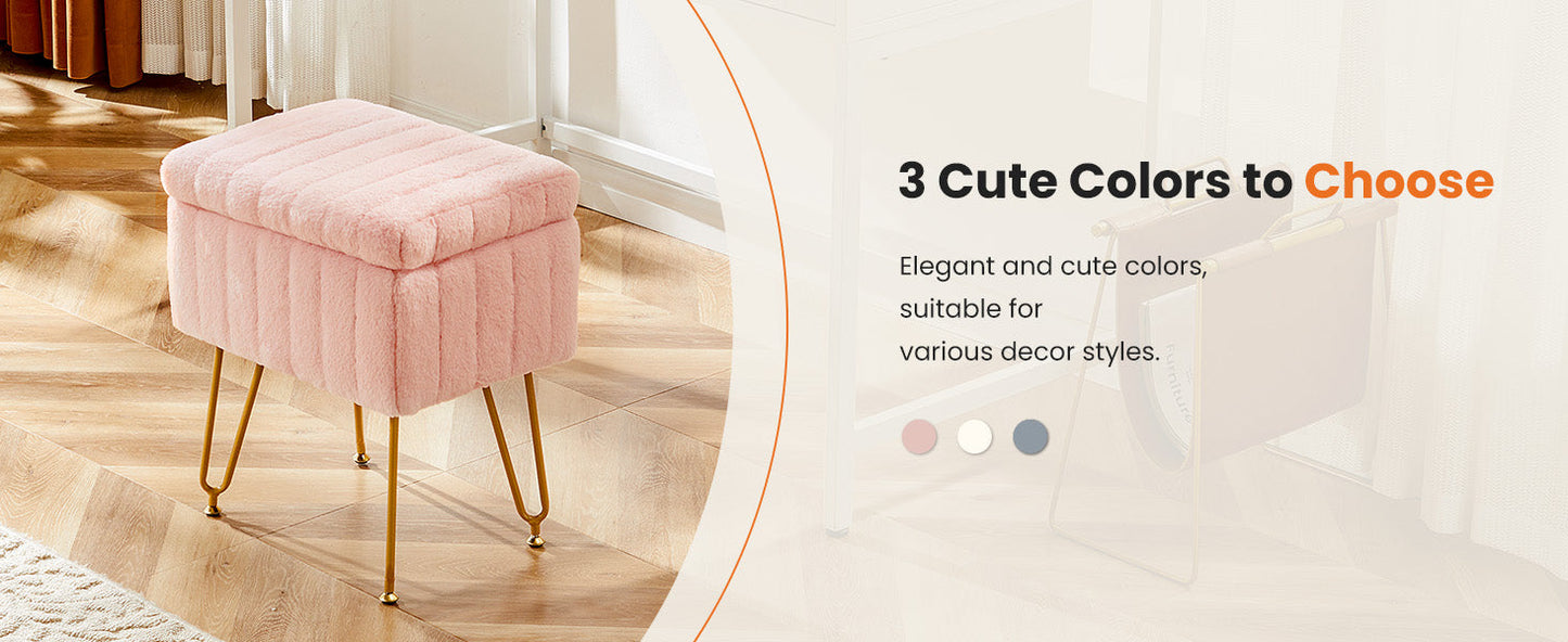 Vanity Stool Chair with Storage, 18.9”H x 16”L x 12.2”W Ottoman Chair Faux Fur Soft Padded Makeup Footstools Seat with 4 Metal Legs Anti-Slip Adjustable Feet for Make Up, Pink