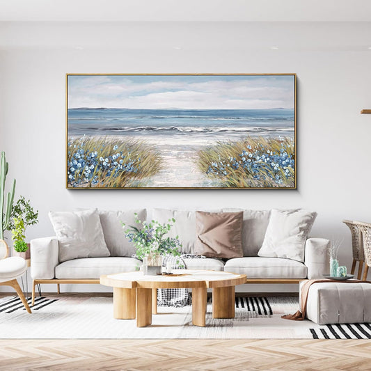 Framed Wall Art for Living Room Decor - Farmhouse Boho Beach Coastal Vintage Floral Ocean Wall Picture Flowers Sea Canvas Print Seascape Artwork for Home Living Room Bedroom Office 24x48